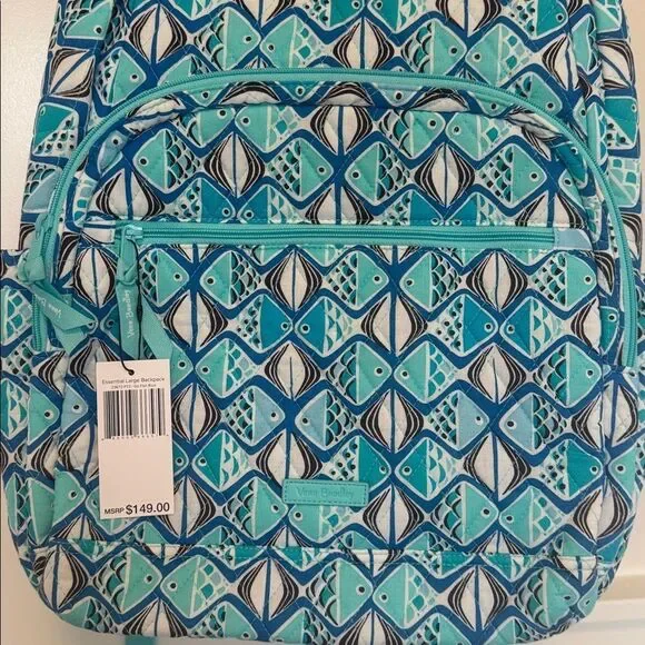 Vera Bradley Go Fish Blue Patterned Quilted Large Essential Travel Backpack NWT - Picture 3 of 13